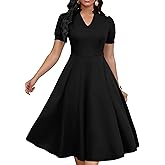 MarryUP Womens Short Puff Sleeve V Neck Casual Semi-Formal Cocktail Party A-Line Dress
