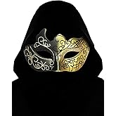 Guayma Men's Masquerade Mask with Black Cowl Hood,Venetian Mardi Gras Costume Masks For Halloween Party Prom Ball