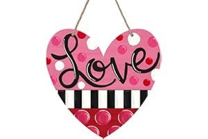 Bolisom Valentine's Day Pink Love Heart Front Door Sign, Black White Stripes Polka Dots Wood Door Hanger Outdoor Outside Porch Decor, Anniversary Wedding Wooden Wreath Indoor Wall Hanging Decoration