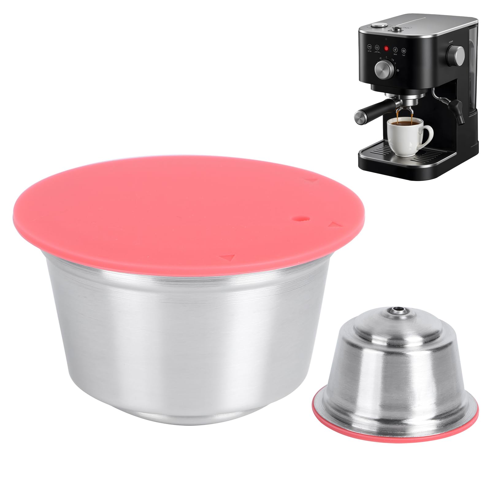 Omabeta Coffee Capsule Pods Stainless Steel Reusable Coffee Pods with Silicone Lid Refillable Coffee Capsule Cup Fit for Coffee Maker(Red)