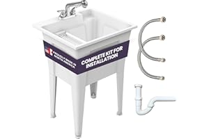 Freestanding Utility Sink with Two Handle Chrome Faucet - 24" Plastic Utility Sink for Garage, Laundry, Indoor and Oudoor Use - Laundry Tub Kit by Noah William Home - White (19.5 gal)