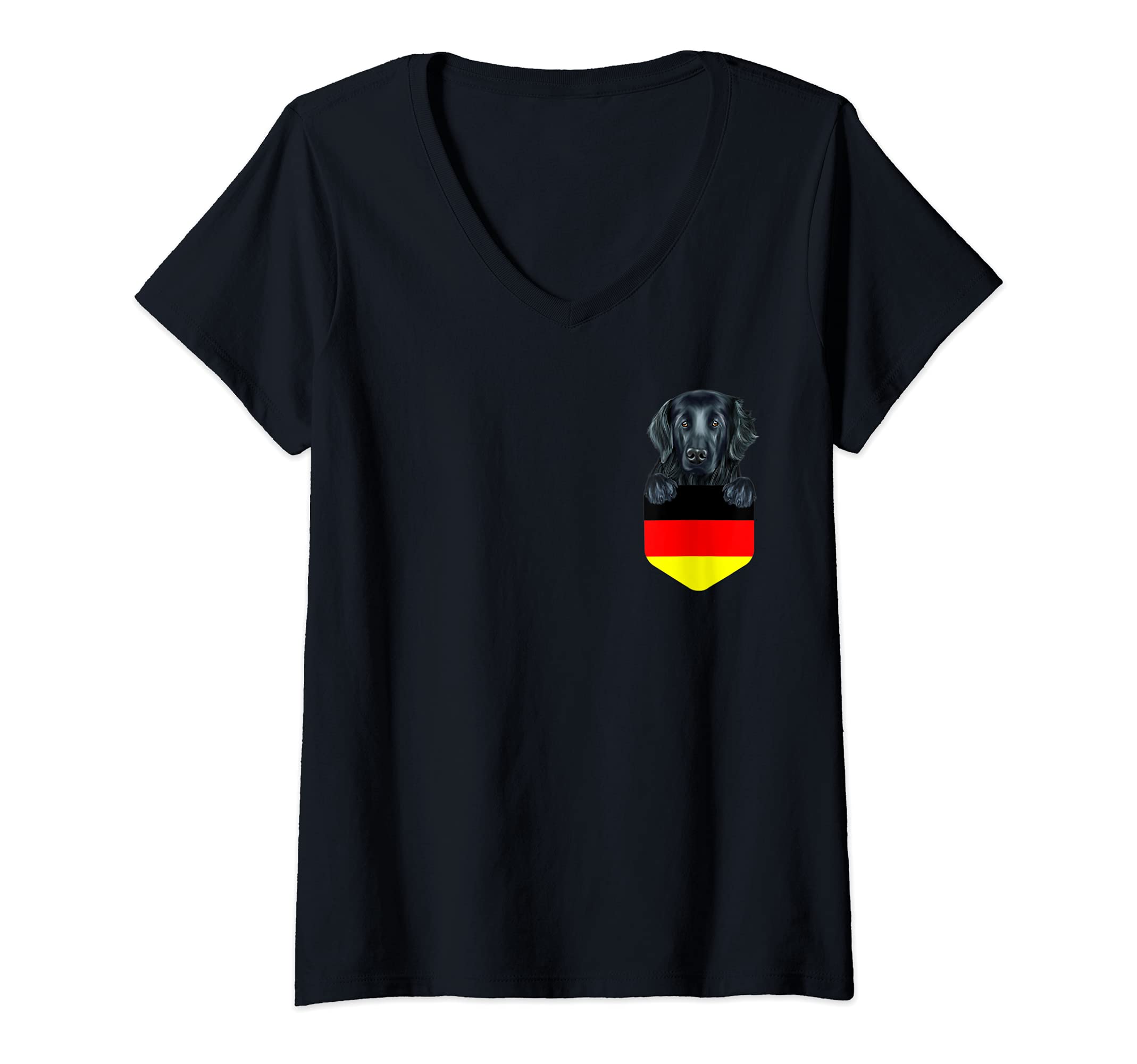 Womens Germany Flag Flat-Coated Retriever Dog In Pocket V-Neck T-Shirt