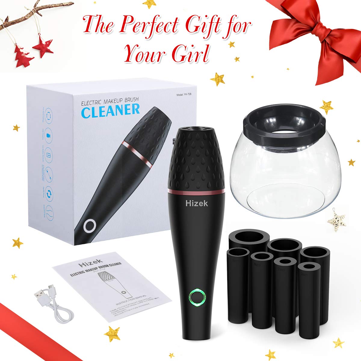 Makeup Brush Cleaner,Hizek Electric Makeup Brush Cleaner Spinner,USB Rechargeable Fast Automatic Brush Cleaner & Dryer Cosmetic Brush Washing Tools with 8 Rubber Collars,Cleaning 2 brushes at Once: Beauty