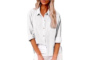 HUEAHDOU Womens Cotton Linen Button Down Shirt 2024 Fall Casual Long Sleeve Solid Color Shirts Loose Work Tops with Pockets