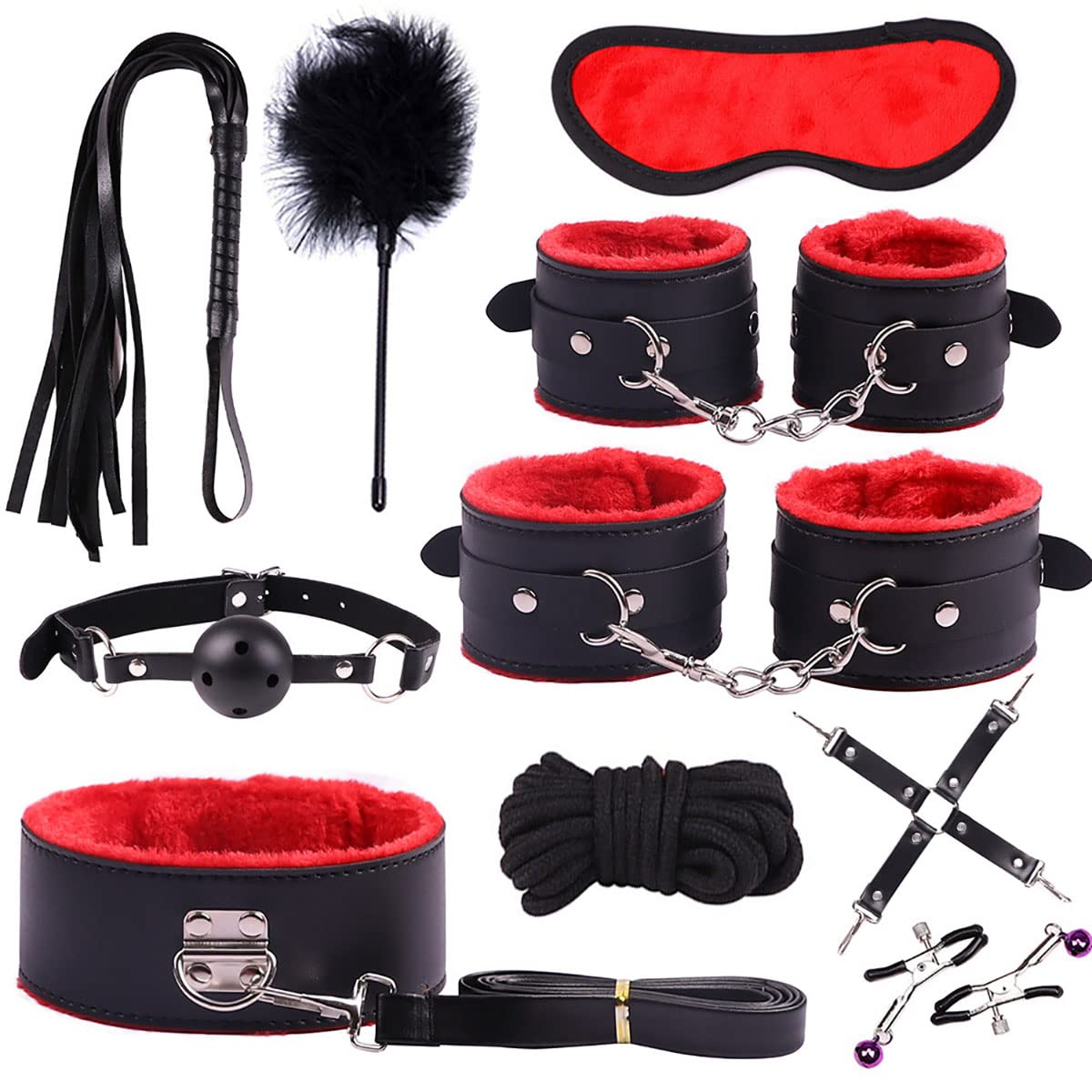 Xinyanmy 10 Sets Pu Leather Plush Bed Handcuffs Leather Harness Whip Eye Mask Necklace Ankle Cuffs Women Straps Special Bundled Binding Adult Toys SM Kit for Couples (Red)