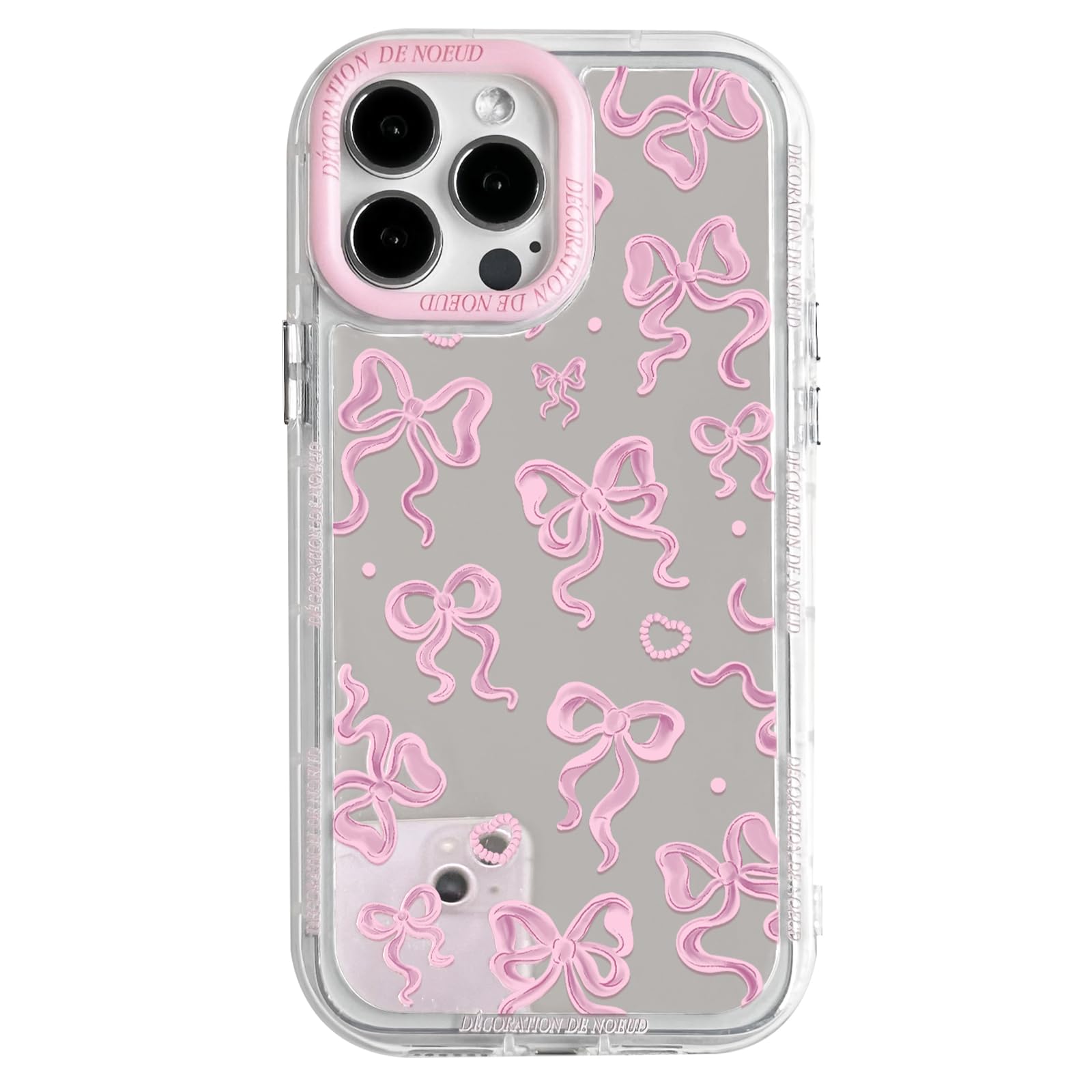 Photo 1 of NITITOP Compatible with iPhone 13 Pro Case Cute Mirror Bow Love Heart Pattern for Women Girls Ribbon Design Shockproof Silver Protective Phone Cover - Pink Bow