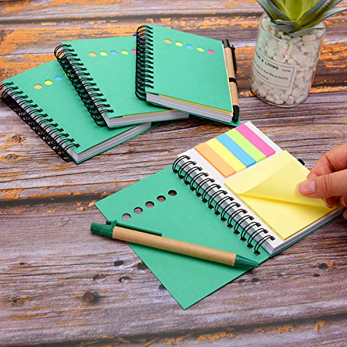 Maxdot 4 Pieces Kraft Paper Steno Pocket Business Notebook Spiral Lined Notepad Set with Pen in Holder, Sticky Colored Notes Page Marker Tabs (Green Cover) - Thumbnail 5