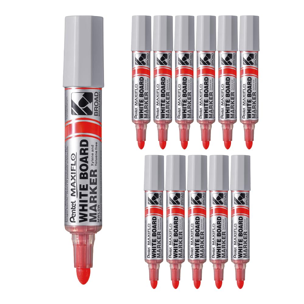 Pentel Maxiflo Broad Point Liquid Ink Dry Wipe Marker - MWL5W - Pack of 12, Red