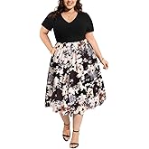 CARCOS Plus Size Dresses for Women Summer Short Sleeve V Neck Patchwork Dresseses XL-5XL
