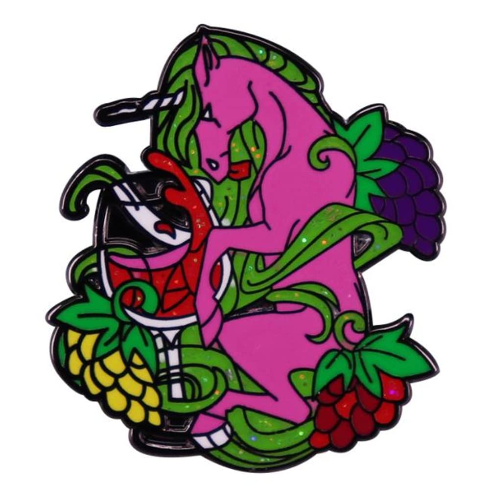 Magical Unicorn Drinking Wine Enamel Pin Colorful Fruit Grape Brooch Funny Novelty Glitter Badge for Backpacks Badges Hats Bags for Women Men