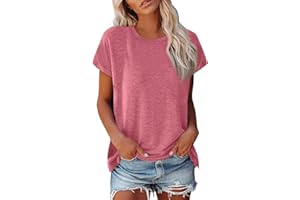 HTHLVMD Summer Tops for Women Cool Casual Basic T-Shirt, Round Neck Solid Color Cotton Short-Sleeved Top, Sports Shirt