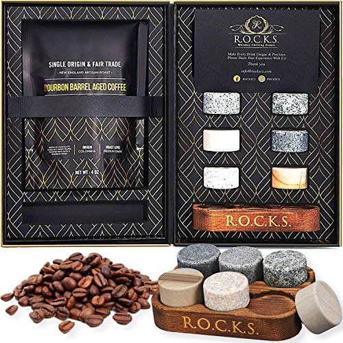 Whiskey Chilling Stones & Kentucky Bourbon Barrel Aged Coffee Gift Set - 6 Handcrafted Granite Round Rocks & Hardwood Storage Tray - Medium Dark Roast 4oz Tasting Bag for Specialty Coffee Lovers!