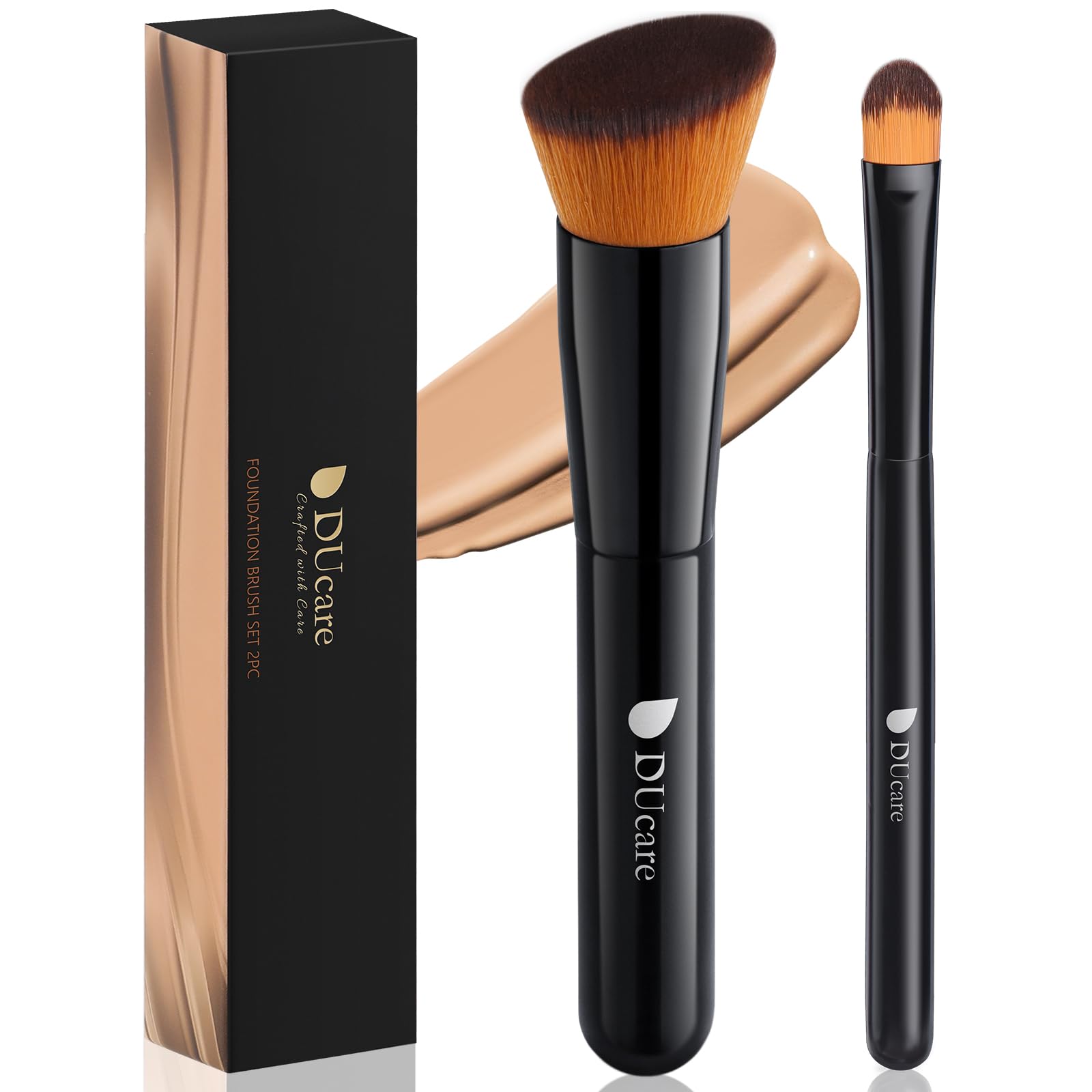 DUcare Foundation Concealer Brush Set 2Pcs Professional Flat Top Kabuki Brush for Face Nose Synthetic Liquid Blending Mineral Powder Makeup Tools