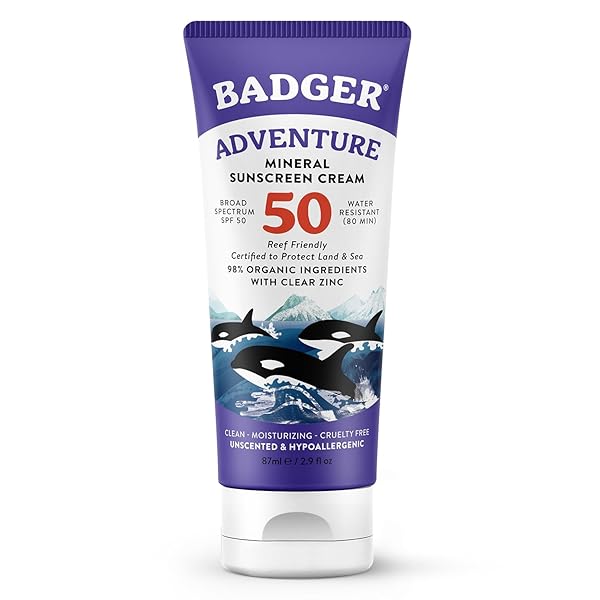 BADGER MINERAL SUNSCREEN SPF 50 ZINC OXIDE SUNSCREEN WITH 98% ORGANIC INGREDIENTS, REEF-SAFE, BROAD-SPECTRUM, HYPOALLERGENIC, WATER RESISTANT, UNSCENTED ADVENTURE SPORT 2.9 FL OZ