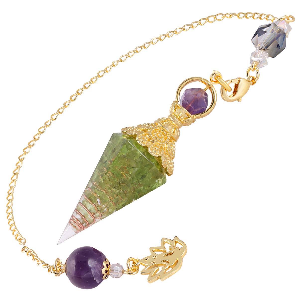 Nupuyai Peridot Healing Crystal Point Dowsing Pendulum for Divination Scrying, Resin Chip Stone Faceted Hexagonal Pendulum with Chain