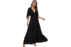 SUNNOW Women's Summer V-Neck, Tiered Silhouette with Flutter Sleeves Maxi Dress for Casual