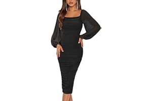 MASCOMODA Women's 2024 Long Puff Sleeve Ruched Midi Bodycon Dress Sexy Mesh Wedding Guest Party Cocktail Dresses