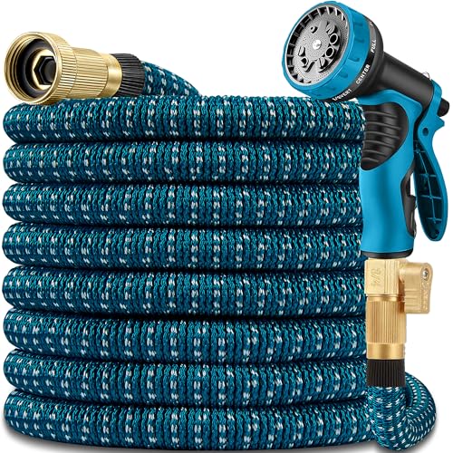50 ft Expandable Garden Hose - All New 2026 Retractable Water Hose with 3/4" Solid Brass Fittings, Extra Strength Fabric - Flexible Expanding Hose with 10 Pattern Spray Nozzle