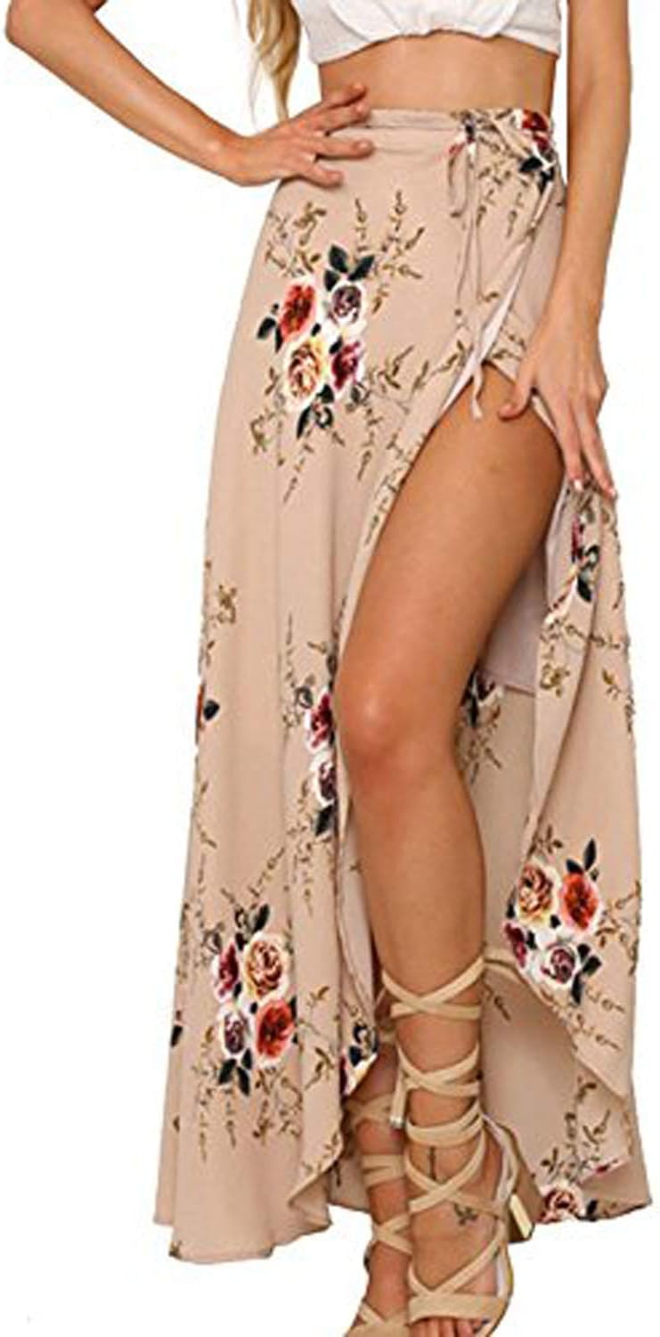 Yonala Womens Boho Floral Tie Up Waist Summer Beach Wrap Cover Up Maxi Skirt