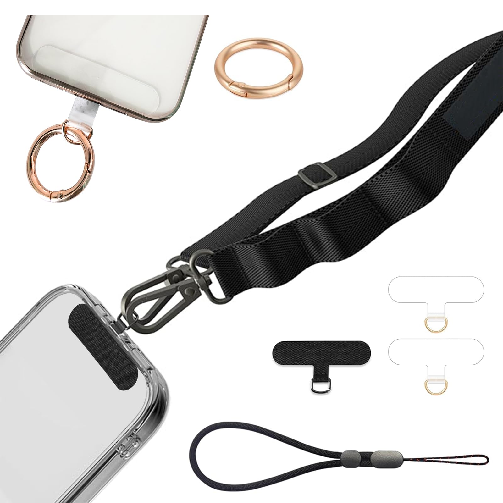 Casecond Crossbody Phone Lanyard Cell Phone Strap Charm Neck Adjustable Strap with Wrist Strap 3 Pad Patches Tether Spring Ring Finger Holder Anti Theft Universal for iPhone 16 15 14 13 12 Nylon Black