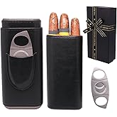 AMANCY Soft Leather Cigar Case - Travel Humidor Accessories with Cutter and Small Humidifier - 3-Finger Portable Cigar Carrying Case, Black