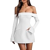 Wenrine Women's Sexy Off The Shoulder Mini Dress Bell Long Sleeve A Line Flared Going Out Club Party Dresses