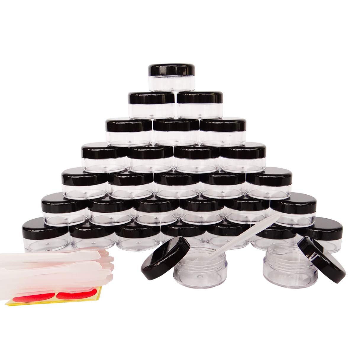 30Pack 10 Gram Small Clear Cosmetic Sample 10ml Empty Containers for Make-up Gifts, Eye-Shadow, Nails, Powder, Gems, Beads, Jewelry, Cream, Pot Jars with Black Lids +30x Dispensing Spatulas+ Labels