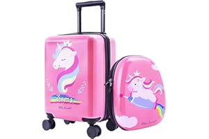 iPlay, iLearn Unicorn Kids Luggage, Girls Carry on Suitcase, 18" Hardside Travel Luggage Set W/Backpack, Toddler Rolling Luggage W/ 4 Spinner Wheels, Children Holiday Birthday Gift