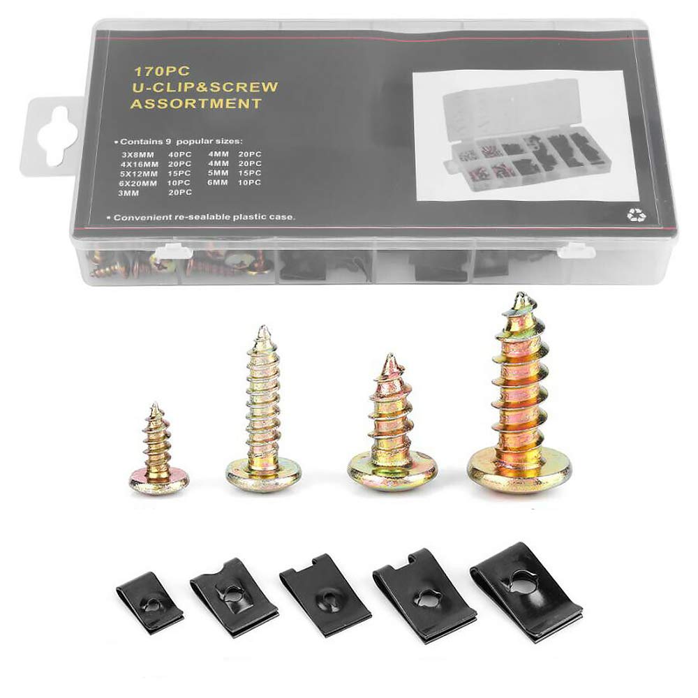 SENRISE U-Clip & Nut Screws Set 170PCS Screw and U Type Cushion Speed Fasteners Flange Self-Tapping Screws for Industrial Home Decoration