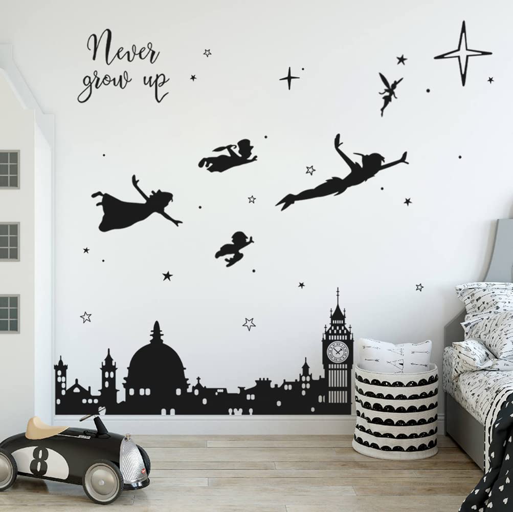 Runtoo Peter Pan Wall Decals Quotes Big Ben Cityscape Wall Stickers for Kids Room Baby Nursery Bedroom Wall Decor