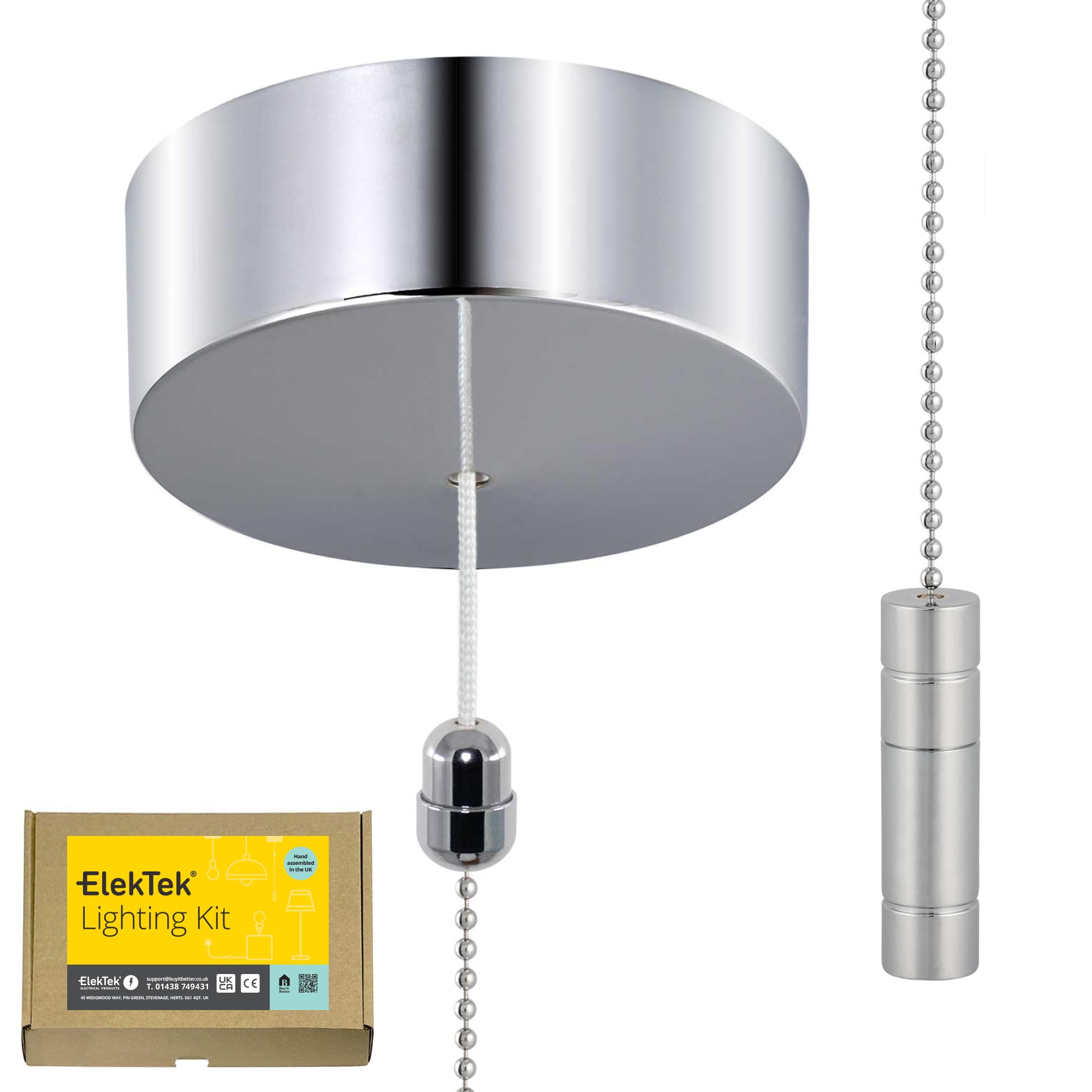 ElekTek UK Safety Approved Chrome Bathroom Light Pull Switch Kit + Chrome Cylinder Fob Handle & Extension Chain, EN 60669-1 & CE Mark, Earth Terminal, 6A 250V, 1 or 2 Way use, Full Wiring Instructions