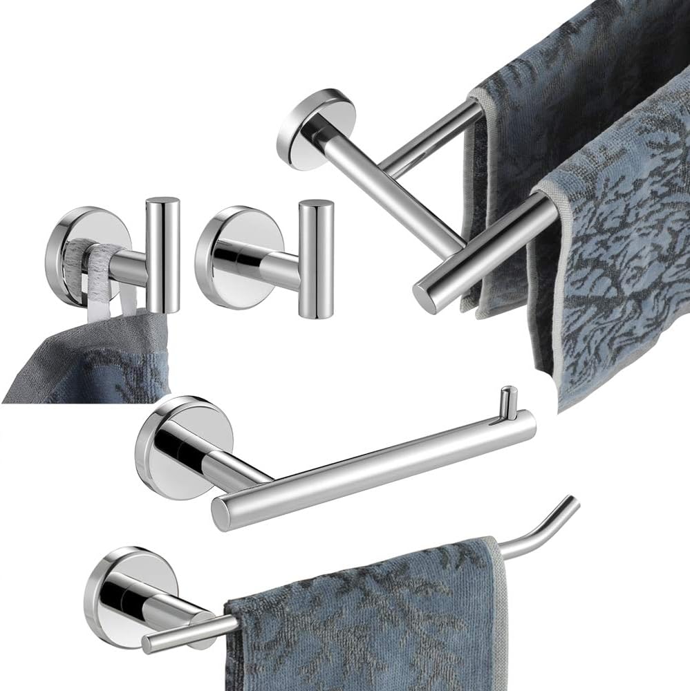 JQK Bathroom Hardware Towel Bar Set, 5-Piece Bath Accessories Set Brushed Finished Wall Mount Includes 24 in Towel Bar, 9 in HT Bar, TP Holder, Towel Hook x 2, BAS105-BN: Home & Kitchen