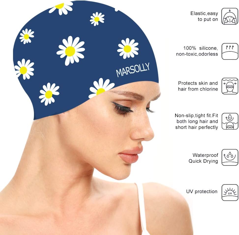 Marsolly Silicone Swim Cap for Women, Waterproof Long Hair Swimming Caps with Flower Printed : Sports & Outdoors
