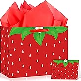 Yoirrat Strawberry Gift Bag Sweet Birthday Decorations Red Gift Wrapping Bag with Tissue Paper and Greeting Card for Strawberry Theme Baby Girl Baby Shower Birthday Party Supplies