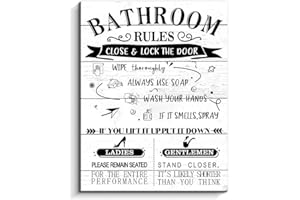 PINETREE ART Bathroom Rules Wall Decor Sign Bathroom Decor Bathroom Rules Wall Art Wall Decor Sign Wood Plaque Wall Sign Funny Rustic Farmhouse Vintage Bathroom Decor Print Wooden Plaque Home Decoration (White)