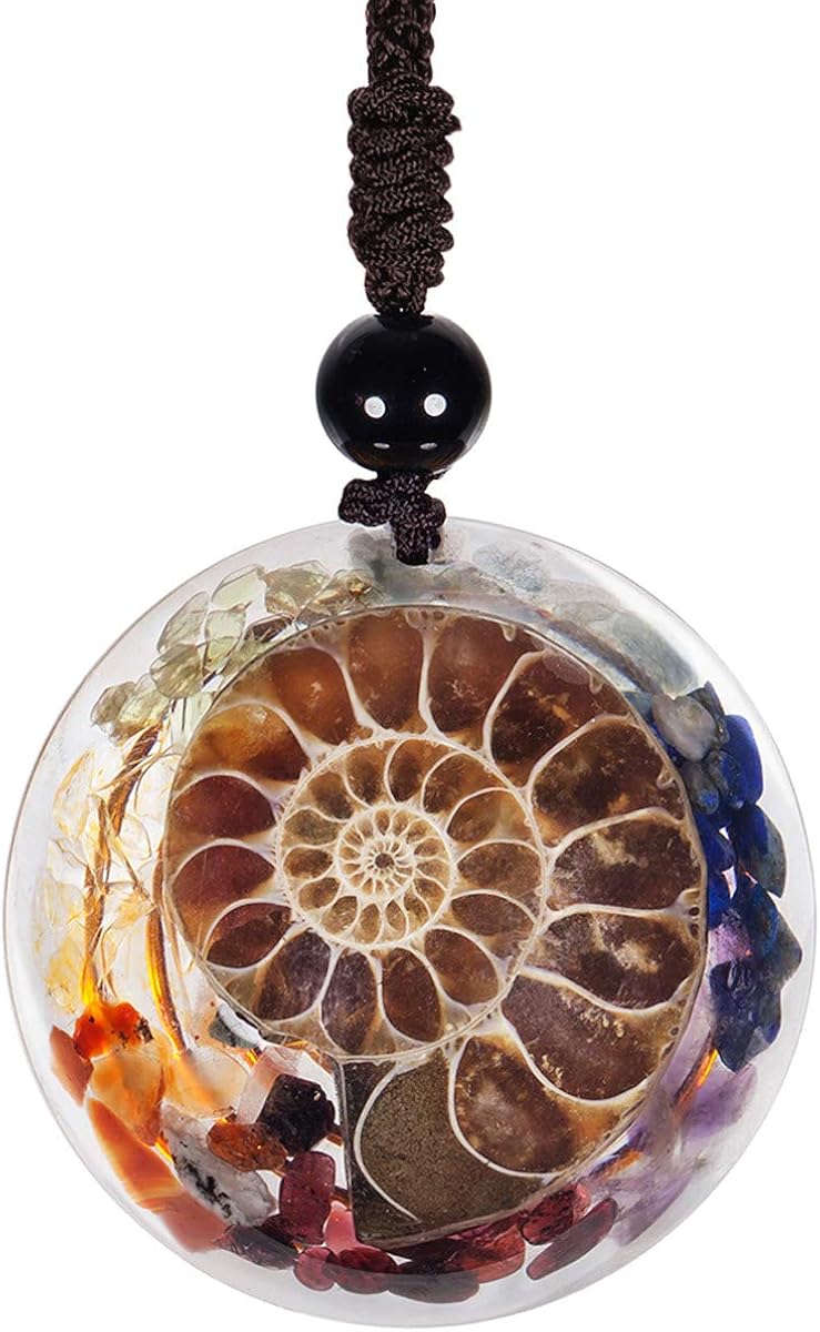 Nupuyai 7 Chakra Healing Crystal Pendant Necklace for Women Men Resin Ammonite Fossil Spiral Stone Pendant with Adjustable Cord