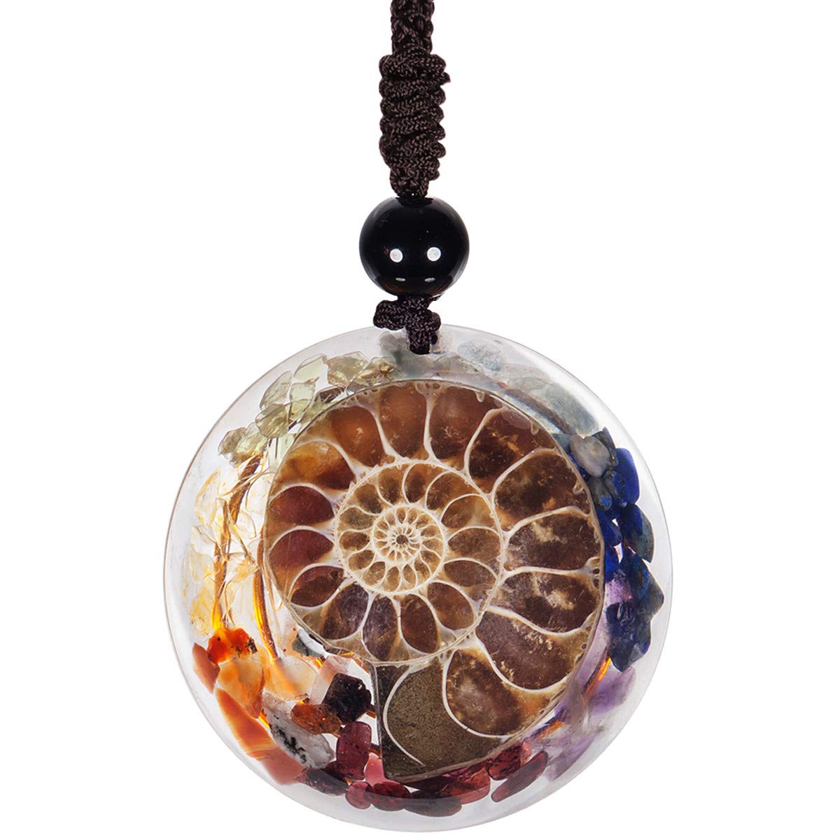 Nupuyai 7 Chakra Healing Crystal Pendant Necklace for Women Men, Resin Ammonite Fossil Spiral Stone Pendant with Adjustable Cord