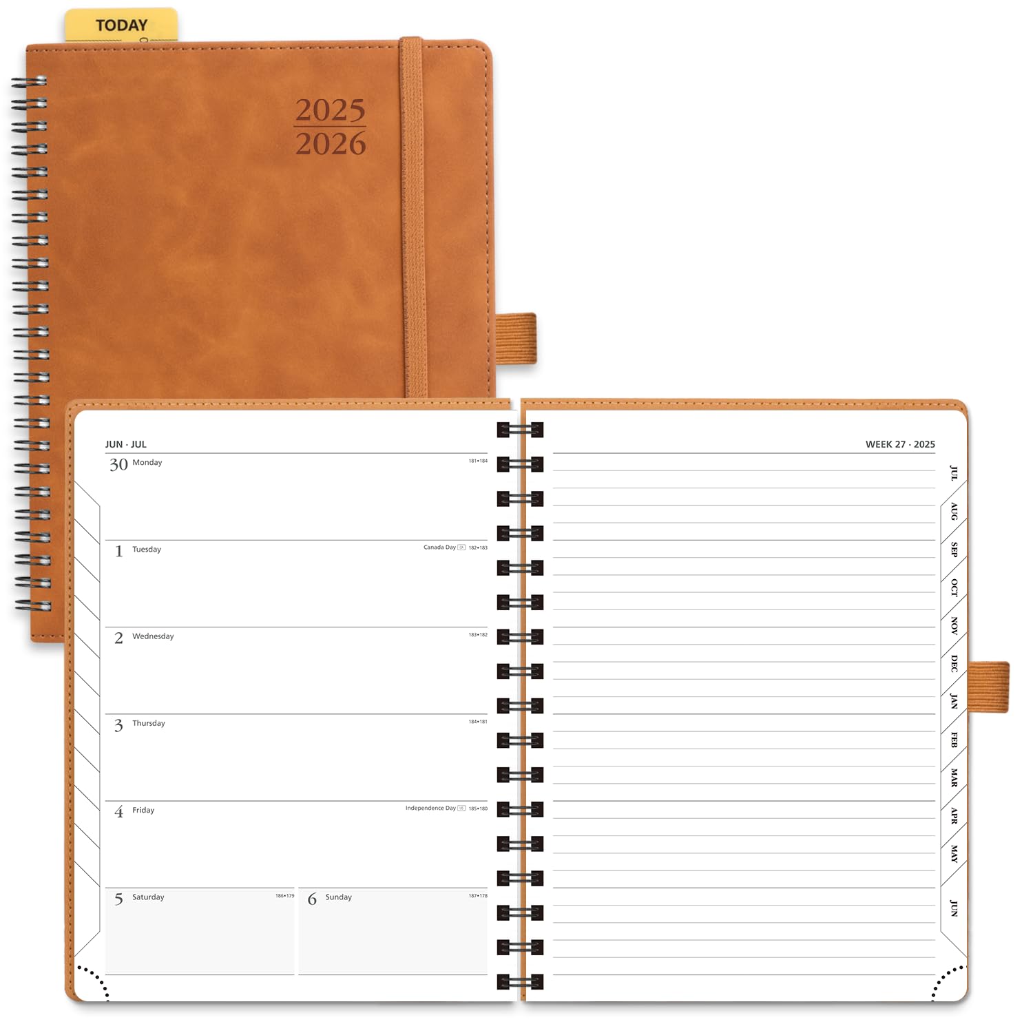 Photo 1 of POPRUN Planner 2025-2026 Weekly Notebook (Medium 8.5''x 6.5''), Academic Calendar (JUL.25 - JUN.26) Appointment Book with Monthly Tabs, Spiral Soft Cover, Inner Pocket, 100 GSM - Brown