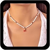 Ximdble Vintage Seed Bead Choker Necklace Cherry Pendant Necklace White Rice Bead Chain Necklace Red Cherry Chain Necklace Red Fruit Choker necklace Jewelry for Women