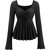SOLY HUX Women's Peplum Tops Long Sleeve Babydoll Shirts Y2k Cute Tie Front Sweetheart Neckline Top
