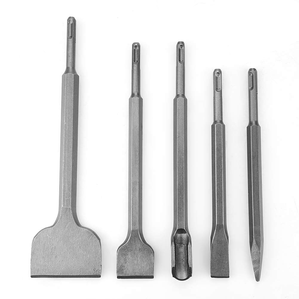 SDS-Plus Chisel Set 5-Piece Tool Holder Cracking Chisel Bent Tile Chisel Wall Drilling Tool with Different Type,A Pointed Chisel,A Groove Chisel and 3 Flat Chisels for Electric Rotary