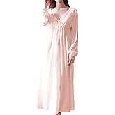 Asherbaby Women's Long Short Sleeve Vintage Lace V Neck Nightgown Cotton Sleepwear