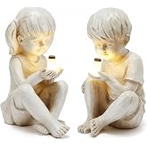 Large Garden Children Statues Light Up Firefly Jar Solar Powered | Set of 2 Figurines | Girl &amp; Boy Garden Yard Art D&eacute;cor, Indoor &amp; Outdoor Ornament Gifts for Lawn, Patio , 7.5" W x11. 8&rdquo;H Cream Gift