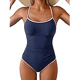 Eomenie Women's One Piece Swimsuit Tummy Control Slimming Bathing Suit Ruched Swimwear Tie Back Shell Stitch Swim Suit