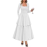 Lazysmile Women's Long Sleeve Fall Dresses Square Neck Ruched Waist Ruffle Hem Flowy Elegant Modest Boho Casual Maxi Dress