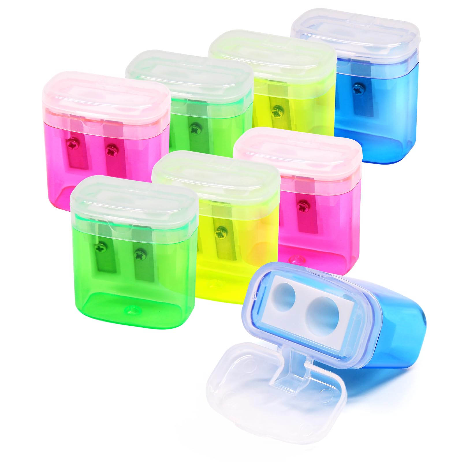 Manual Pencil Sharpeners Dual Hole - Coideal 8 Pack Small Canister Sharpener Coloured Handheld Double-Hole with Cover for Kids School Students