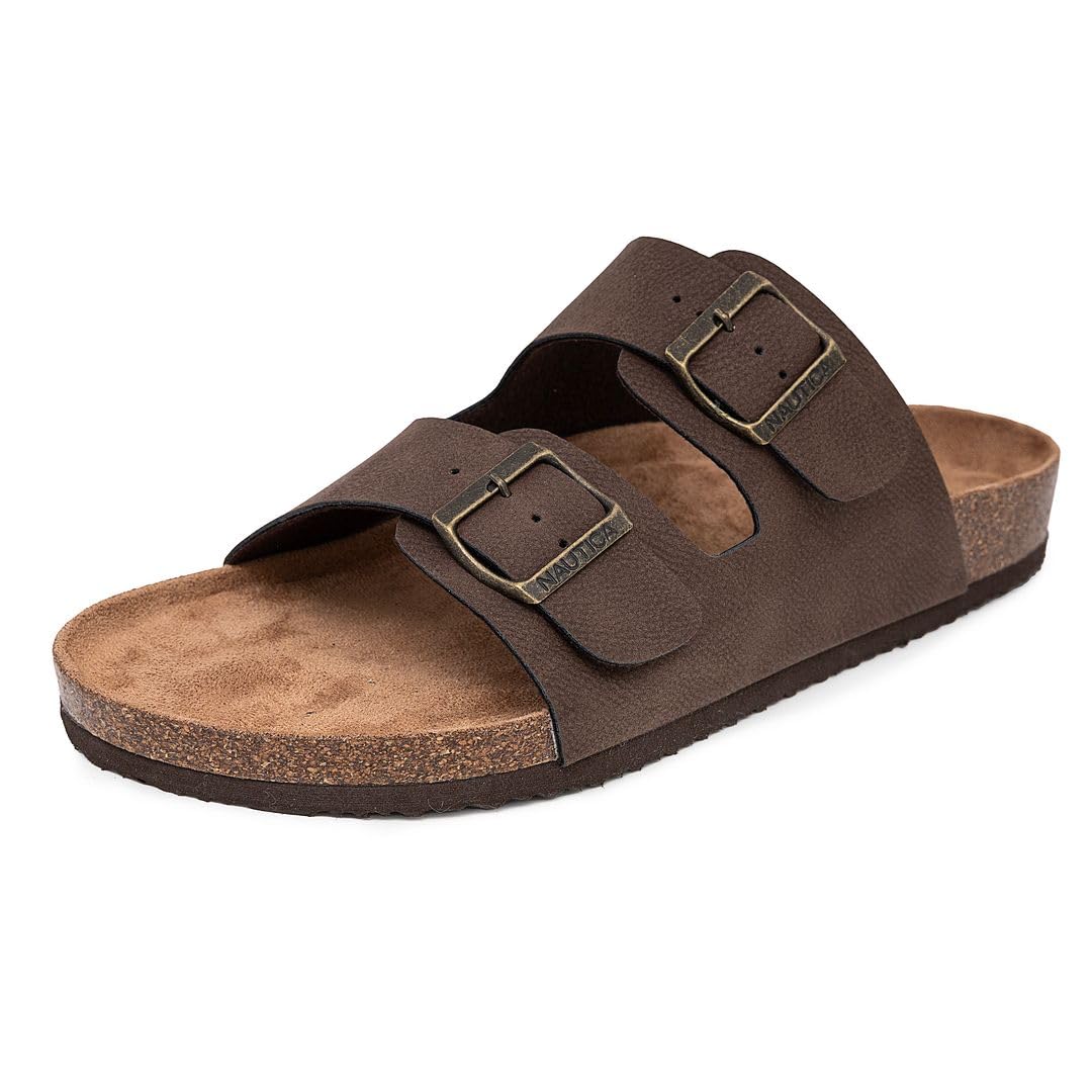 Photo 1 of Nautica Men's Double Buckle Slide-Comfort Sandal-Slip-on Adjustable Waterproof Flat's With Sneaker Bottom-Triun Tumbled-Espresso Tumbled-Size-9