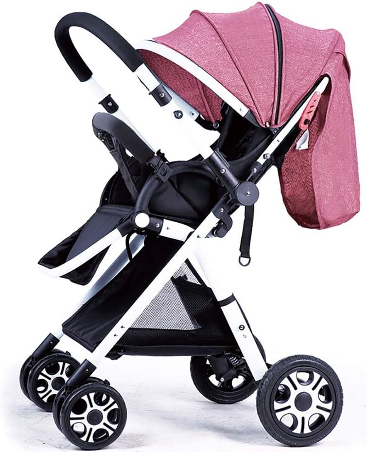 Stroller Handle Reversible Stroller Can Sit Down and Lie Down Ultralight Portable Collapsible Stroller White and Gold Frame (Color : Linen Pink)