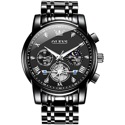 OLEVS Black Watch Luxury Classic Big Face Men's Watch Fashion Stainless Steel Waterproof Watches for Men Analog Quartz Chronograph Diamonds Unique Men's Wrist Watches Reloj para Hombre