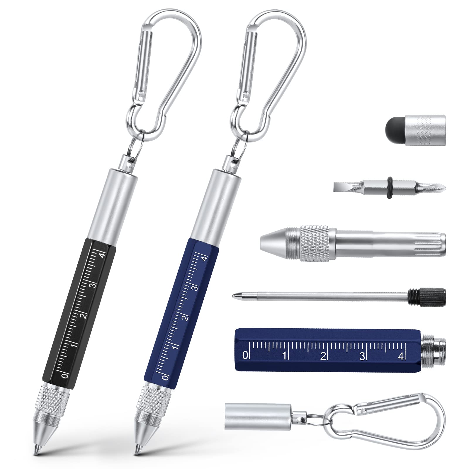 Vicloon Multi Tool Pen, 6 in 1 Multitools Gadgets for Men Dad, Grandad Gifts Include Ballpoint Pen, Touchscreen Stylus, Ruler, Carabiner, Flat and Phillips Screwdriver Dad Gifts (Black+Blue)